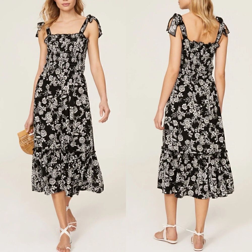 SLATE & WILLOW Dress Womens XS Black Floral Tie Shoulder Smocked Midi
